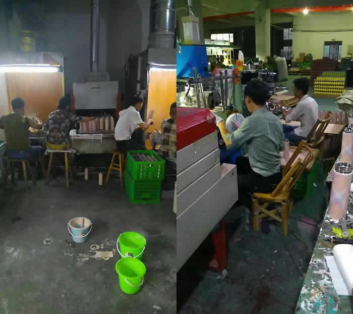 保温杯喷漆车间通宵加班中